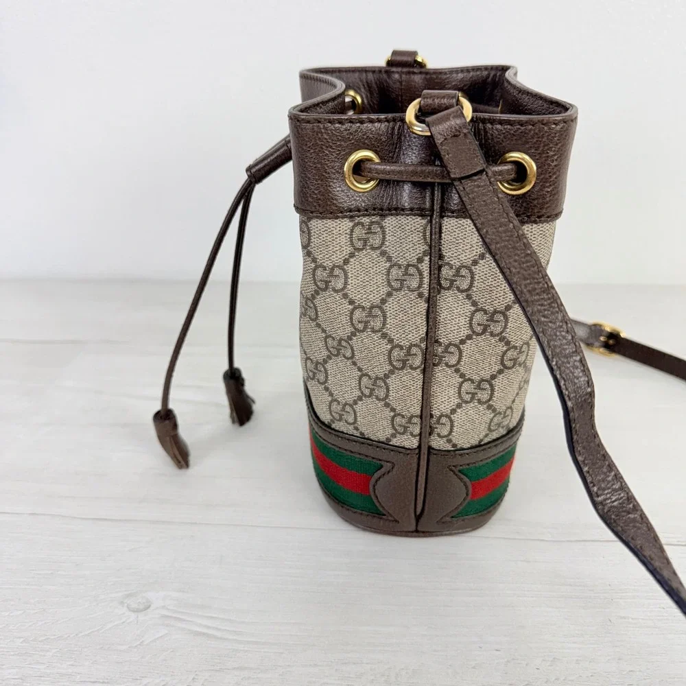 Gucci Ophidia Mini Bucket Crossbody Bag GG Supreme Web Stripe Tassel Luxury Chic